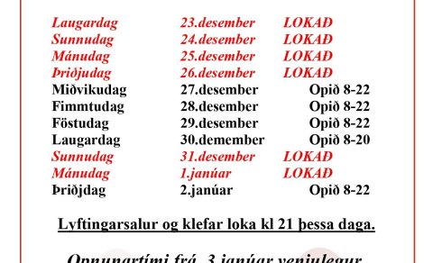 Opnunartími Kórsins um jól og áramót